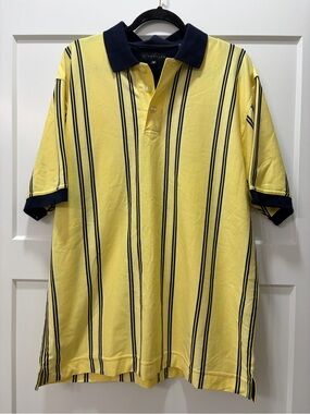 Siegfried Men's Yellow Striped Preppy Golf Polo Shirt with Navy Collar. Size M